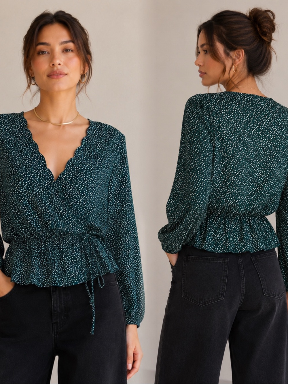 nine britton Dark Teal Printed Smocked Peplum Blouse
